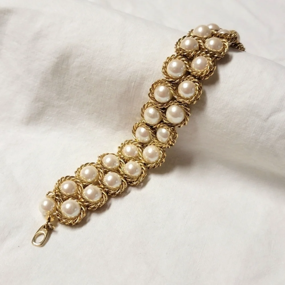 Vintage Woven Double Pearl and Gold Chain Bracelet Faux Pearl Chunky Statement
